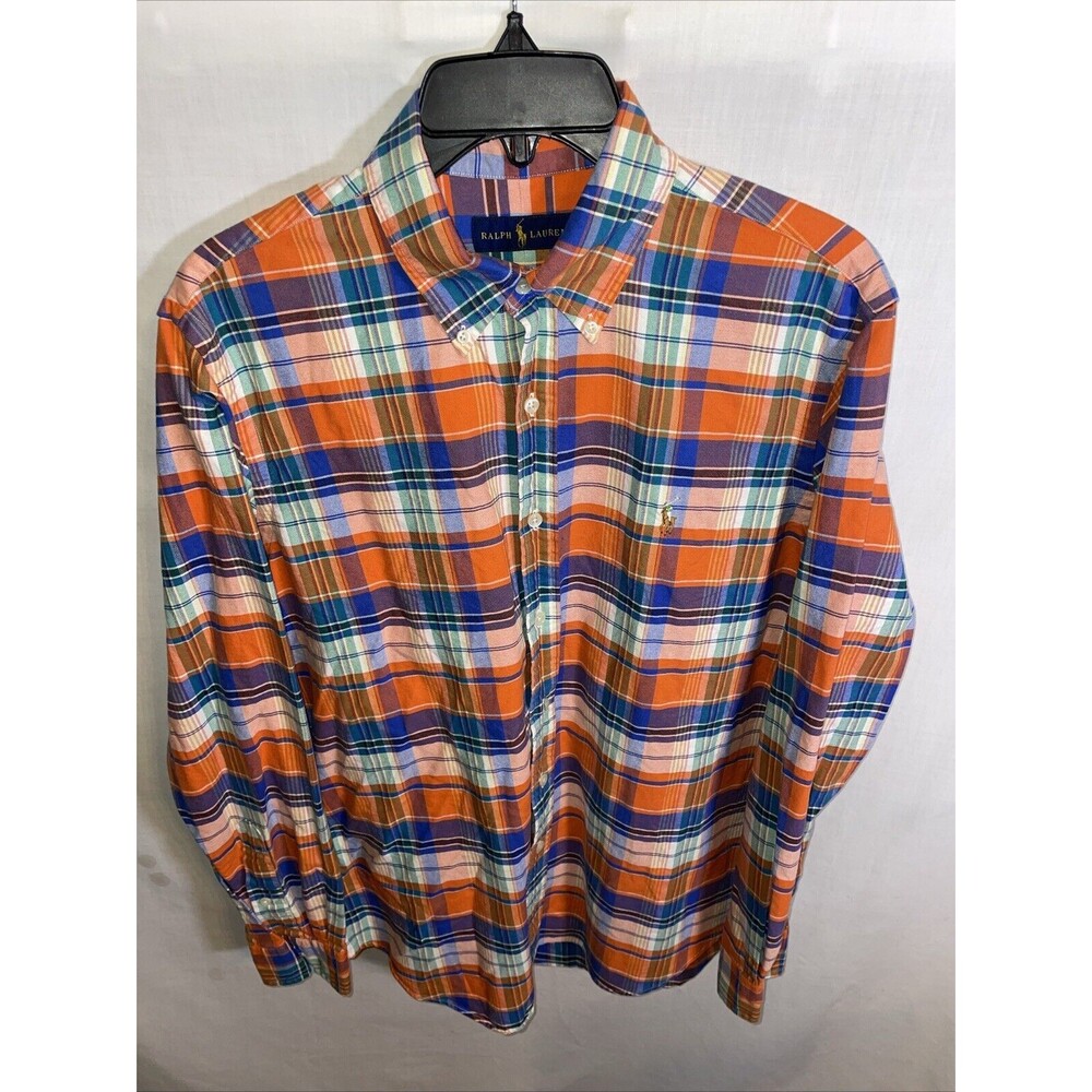 Polo Ralph Lauren Men’s Dress Shirt Size Medium Orange Plaid Going Out Party